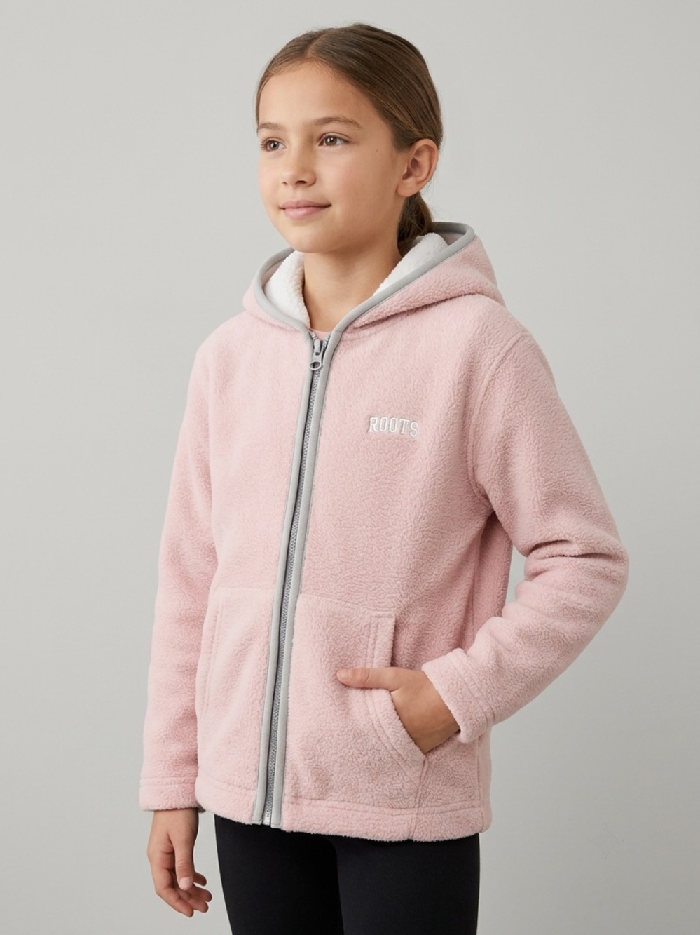 Roots Girls Light Pink Sherpa Zip Hoodie with Gray Trim